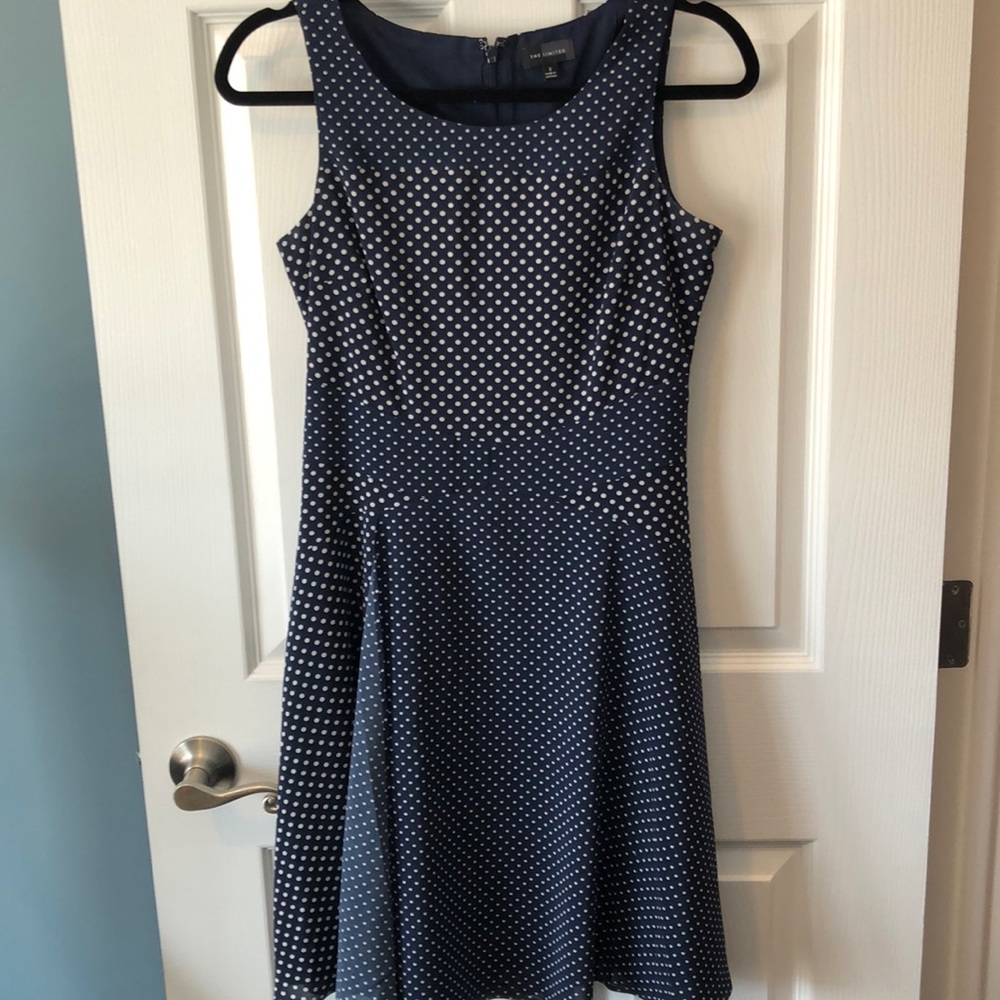 Navy and white polka dot fit and flare dress